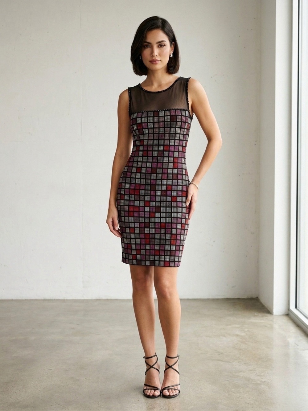 Grayse Mesh Checkered Sparkle Rinestone Sheath Sleeveless Dress Size S